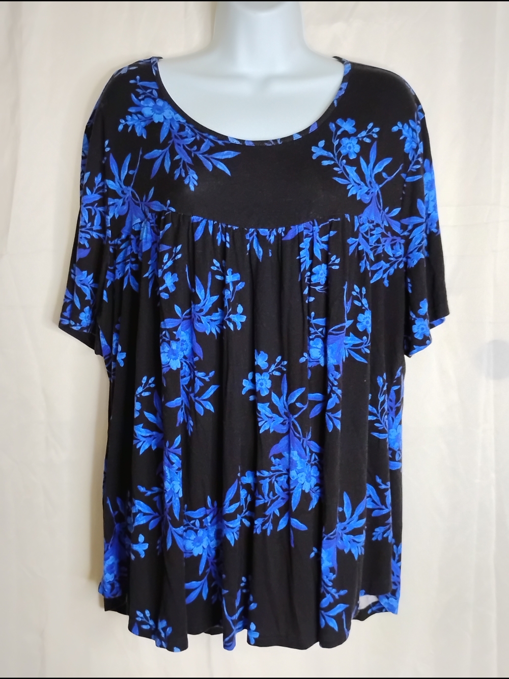 Relaxed Black Tunic Top with Royal Blue Floral Print